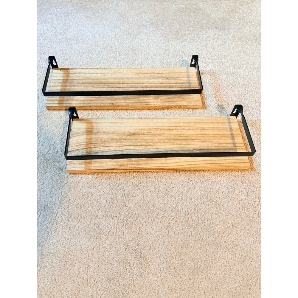 Set of 2 NEW Light Brown Wooden Floating Shelves with Black Metal Bar & Brackets